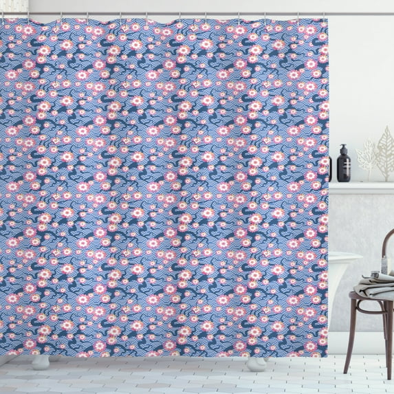 Cherry Blossom Shower Curtain, Art Deco Fish Scale Pattern Cherry Flowers and Climbing Bean Plant, Fabric Bathroom Set with Hooks, 69W X 70L Inches, Pink and Violet Blue, by Ambesonne