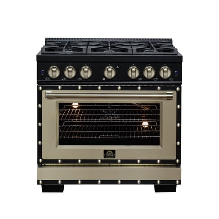 Forno Ambassador 36" Gas Range in Black, 6 Sealed Burnes, 71 000 BTU Cooktop Output , 5.2 Cu.Ft. convection Oven, Telescopic Racks