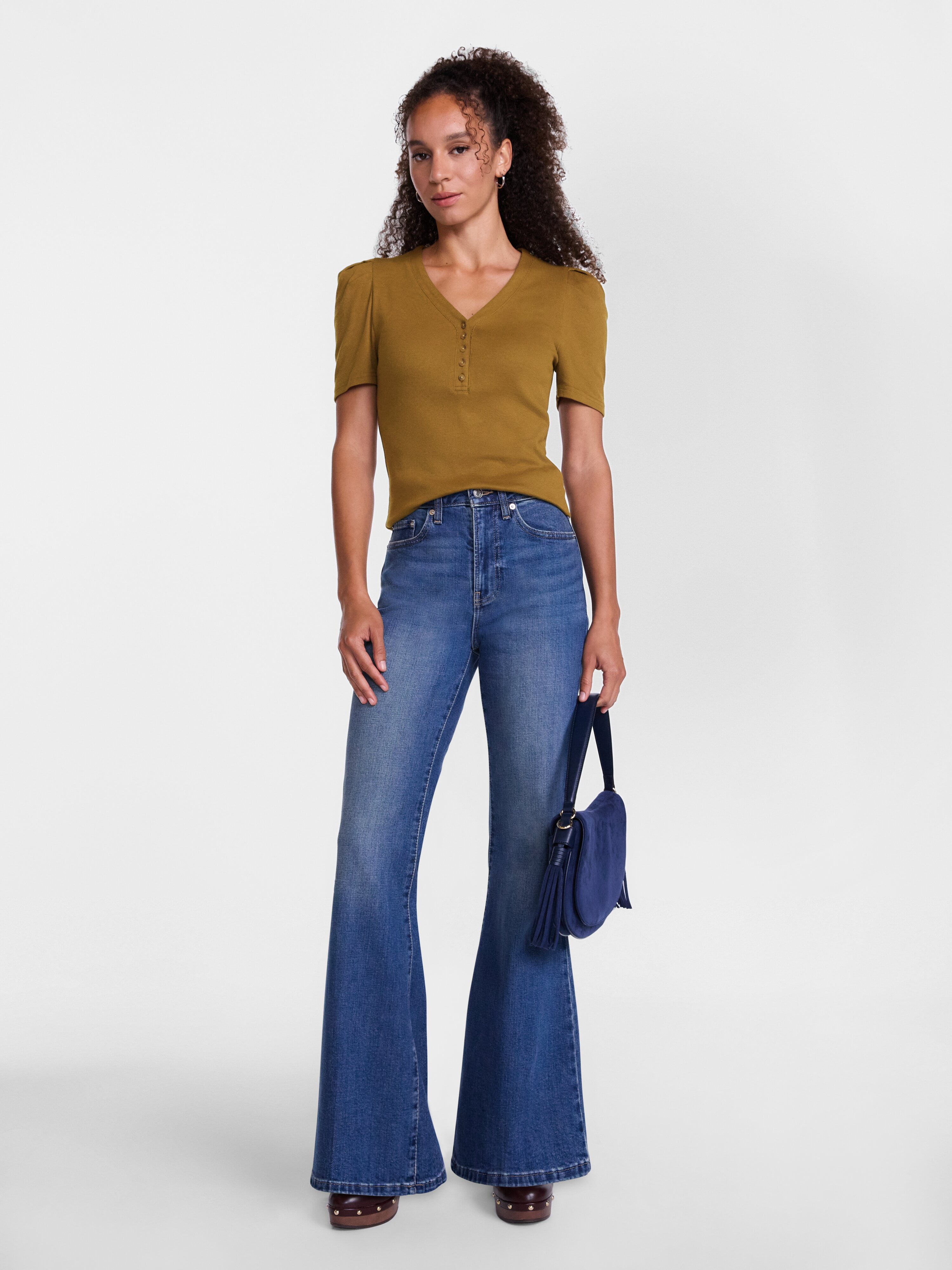Scenario Women's V-Neck Henley Top with Short Puff Sleeves, Sizes XS-XXXL