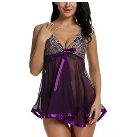 

ZAXARRA Women Lace Lingerie Robe Dress Babydoll Mini Sleepwear