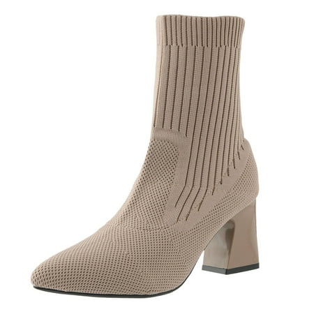 

PMUYBHF Short Boots Pointed Toe Thick Heels High Heels Knitted Elastic Socks Boots Flying Weaving Boots Female 38.98
