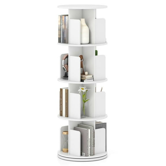 Resenkos 4-Tier 360° Rotating Bookshelf - Display Rack with Dividers & Anti-Falling Baffles, White
