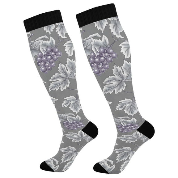 joogoo Grape Print on Gray Compression Socks Women Men Knee High Sock