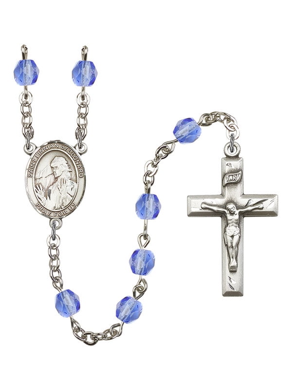 Bonyak Jewelry 18 Inch Rhodium Plated Necklace w/ 6mm Blue September Birth Month Stone Beads and Saint Finnian of Clonard Charm