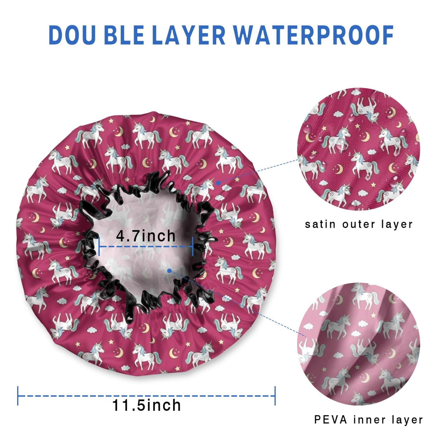Shower Caps,Red Cartoon Unicorn Moon Star Cloud Pattern Waterproof Shower Cap for Women 4 Pieces,Double Reusable Hair Cover for Shower PEVA Elastic Stretch Hem