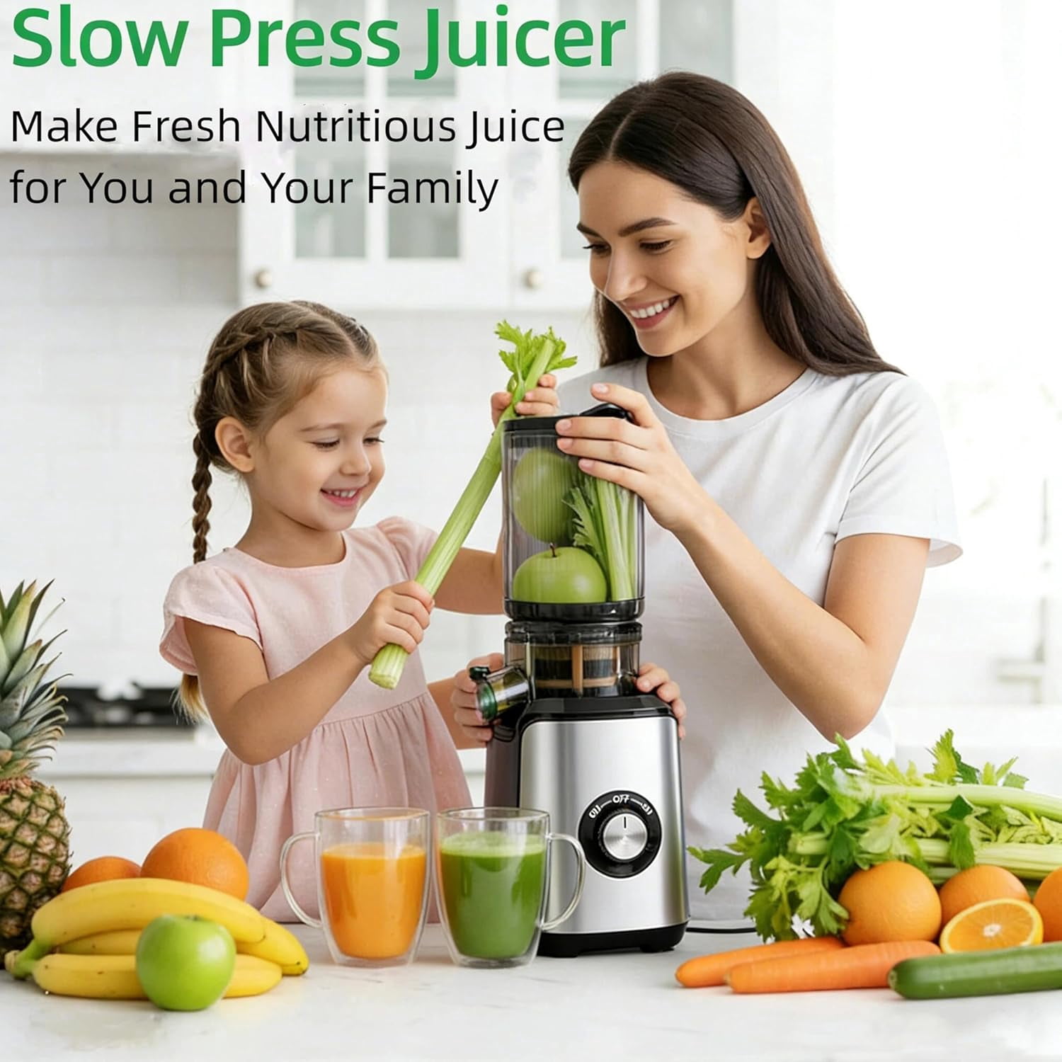 Cold Press Juicer Machine, Slow Masticating Juicer with 4.25" Extra Wide Feed Chute for Whole Fruits & Vegetables, 200W Quiet Motor, High Juice Yield & BPA-Free, Easy to Clean, Silver