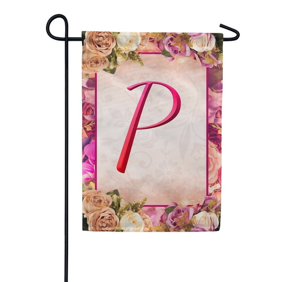 America Forever Spring Monogram Garden Flag Letter P 12.5 x 18 inches P Double Sided Vertical Outdoor, Yard, Lawn, Beautiful Floral Design, Garland, Roses and Summer Flowers Garden Flag