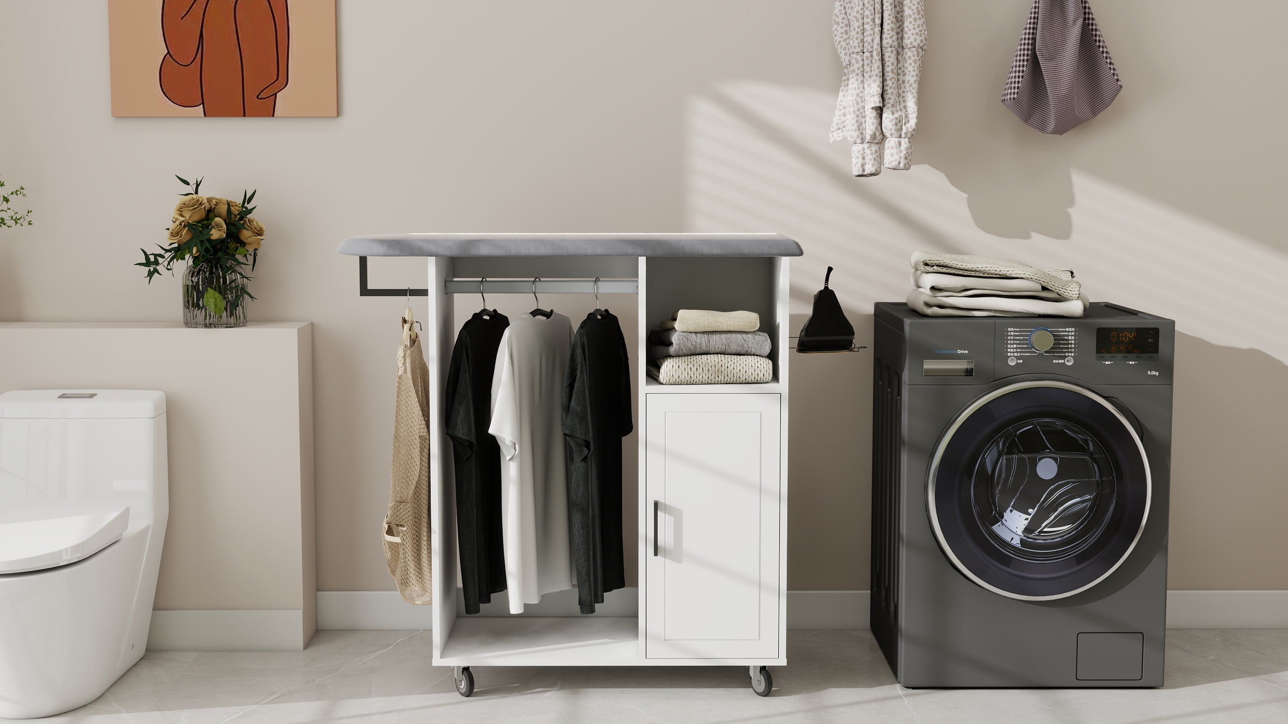 Garitin Ironing Cart and Rolling Ironing Board Cabinet 40.55 Inch, Portable Storage Organizer with Wheels and Shelves for Laundry Room Bedroom, White