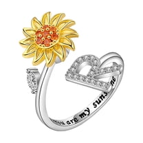 Qonioi Rotating Sunflower Anxiety Ring, Open Adjustable Spinner Ring with Zirconia for Stress Relief Focus