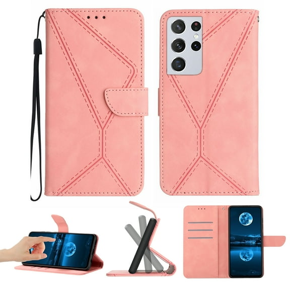 Wallet Case For Samsung Galaxy S21 Ultra, RFID Blocking Magnetic Flip Case with Card Slots Holder Kickstand Wrist Strap, PU Leather Folio Shockproof Protective Cover, Pink