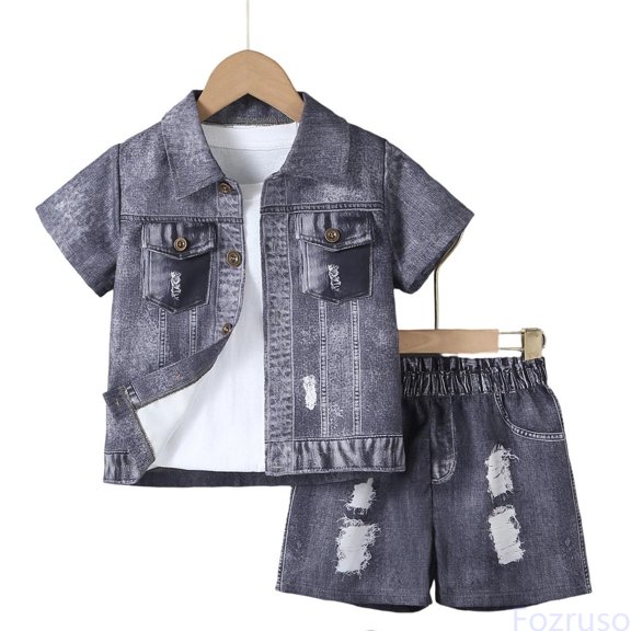 Fozruso Boys Outfit Sets,Summer Outfits 2 Piece Denim Short Sleeve Button-Down Shirt And Jeans Shorts Set,Sizes 3-5 Years