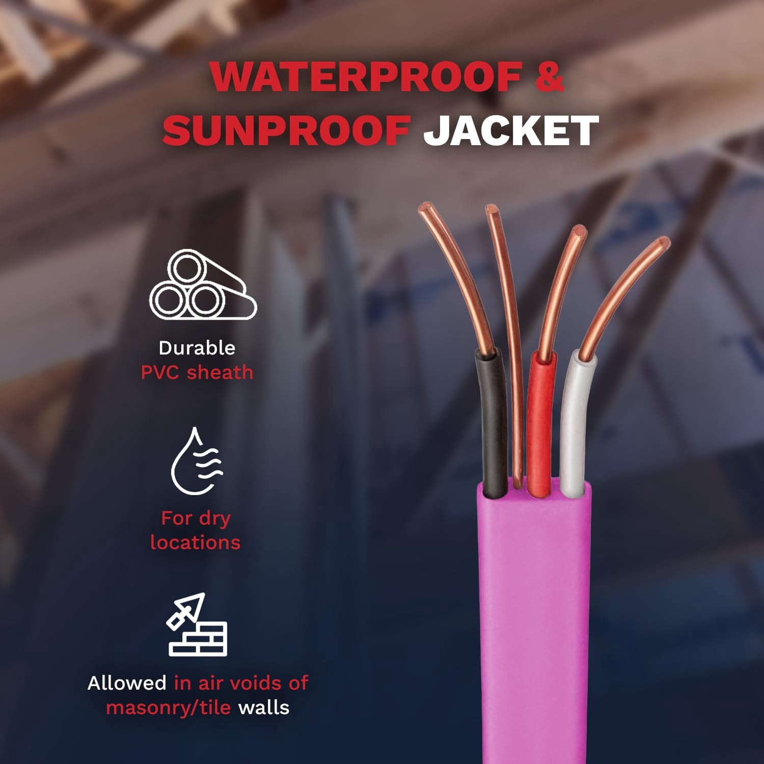 10/3 NM-B Copper Electrical Wire 10 Gauge, 3 Conductors with Groun Non-Mettalic, Sheathed Cable, Residential Indoor Pink 25 FT