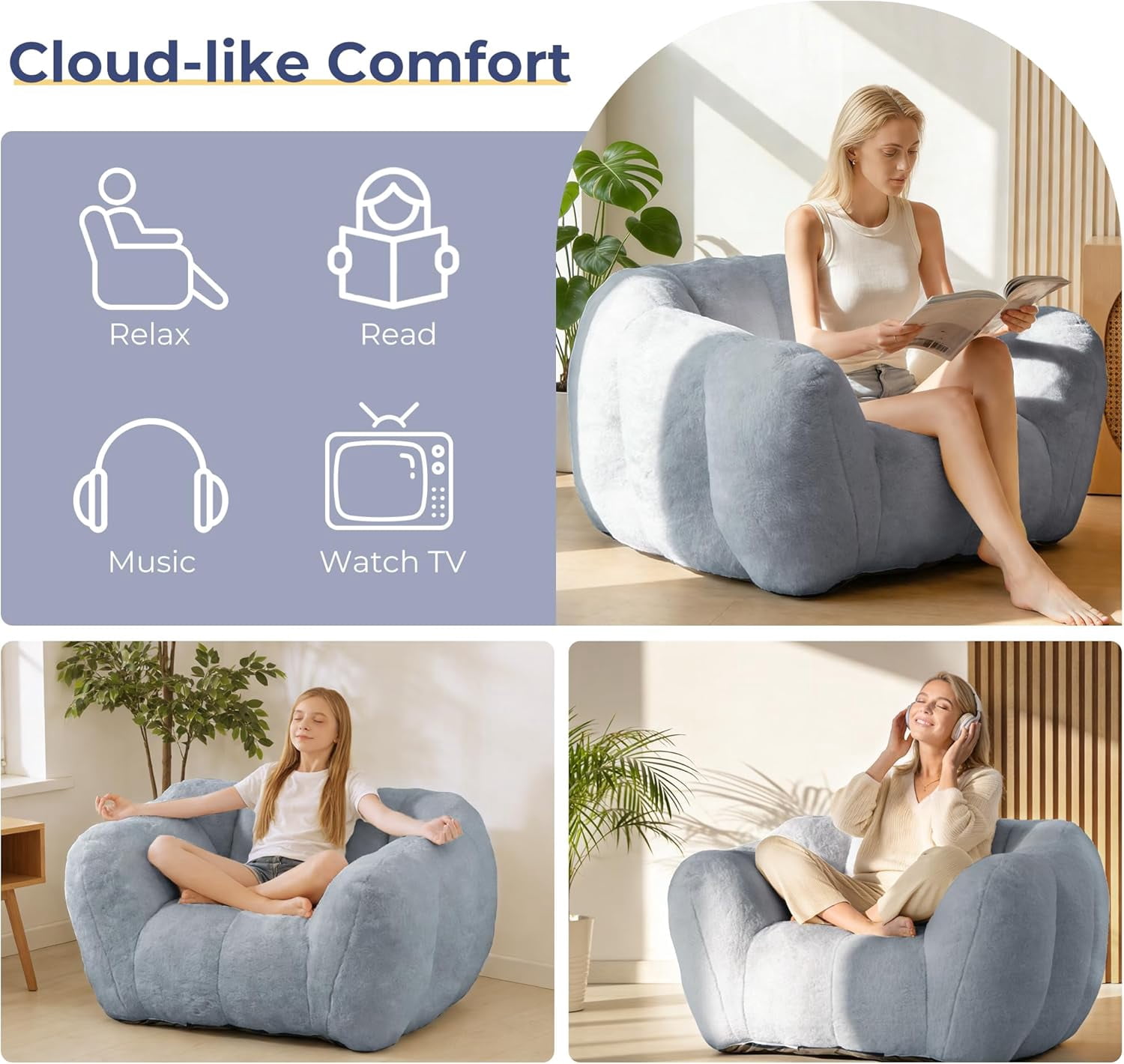 Giant Plush Cloud Bean Bag Chair for Adults, Cozy Comfy Reading Floor Sofa for Bedroom or Living Room, Grey