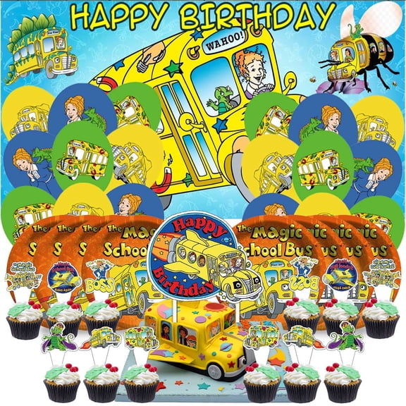 The Magic School Bus Party Decorations Plates Tableware Banner Backdrop Balloons Birthday Decor Cake Topper Fans