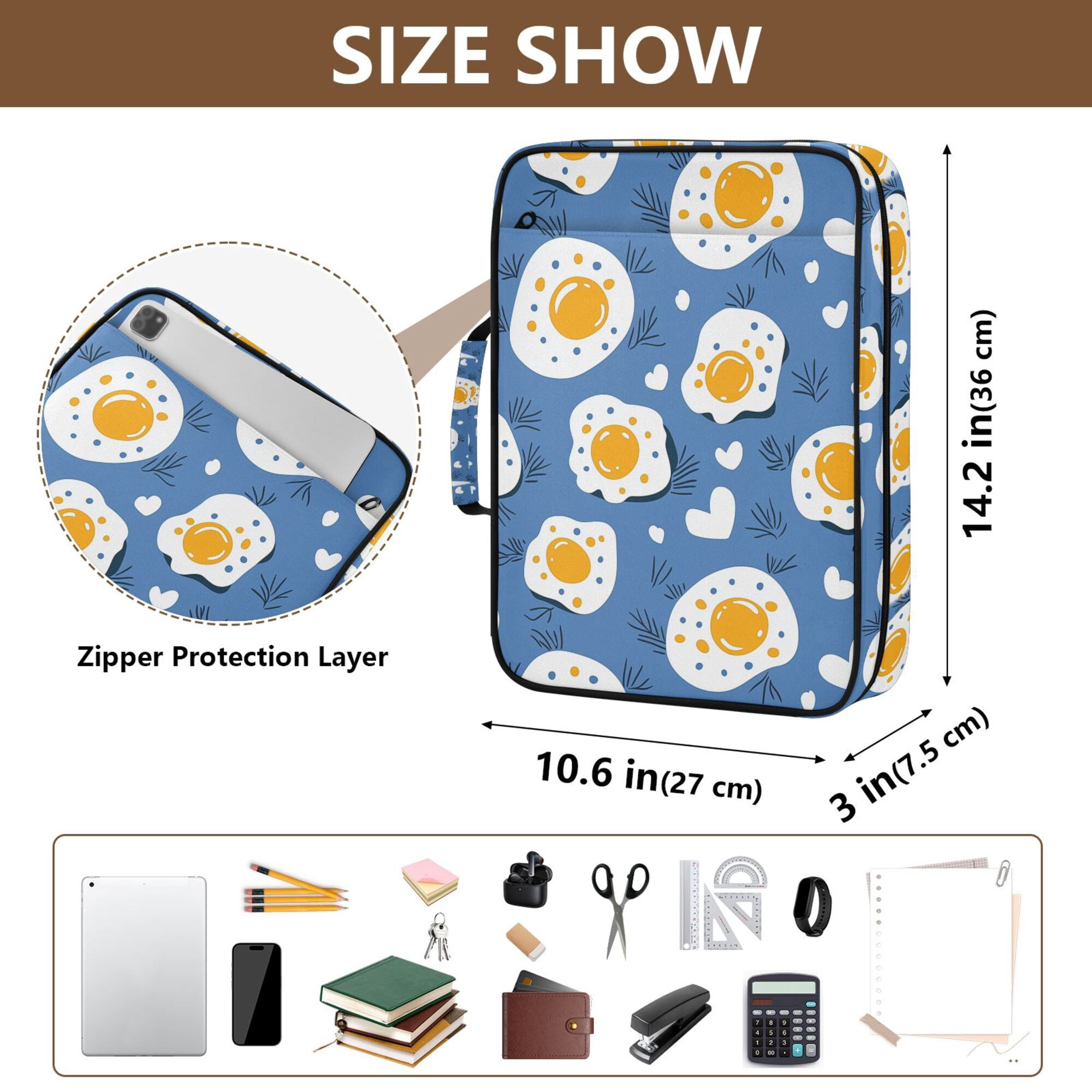 FORMRS Accordion File Folder A4 Size 7-Pocket Expanding Document Organizer Bag with 3 Ring Binder, Cute Fried Eggs