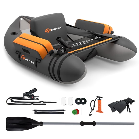 Goplus Inflatable Fishing Float Tube w/Pump & Storage Pockets & Fish Ruler Gray