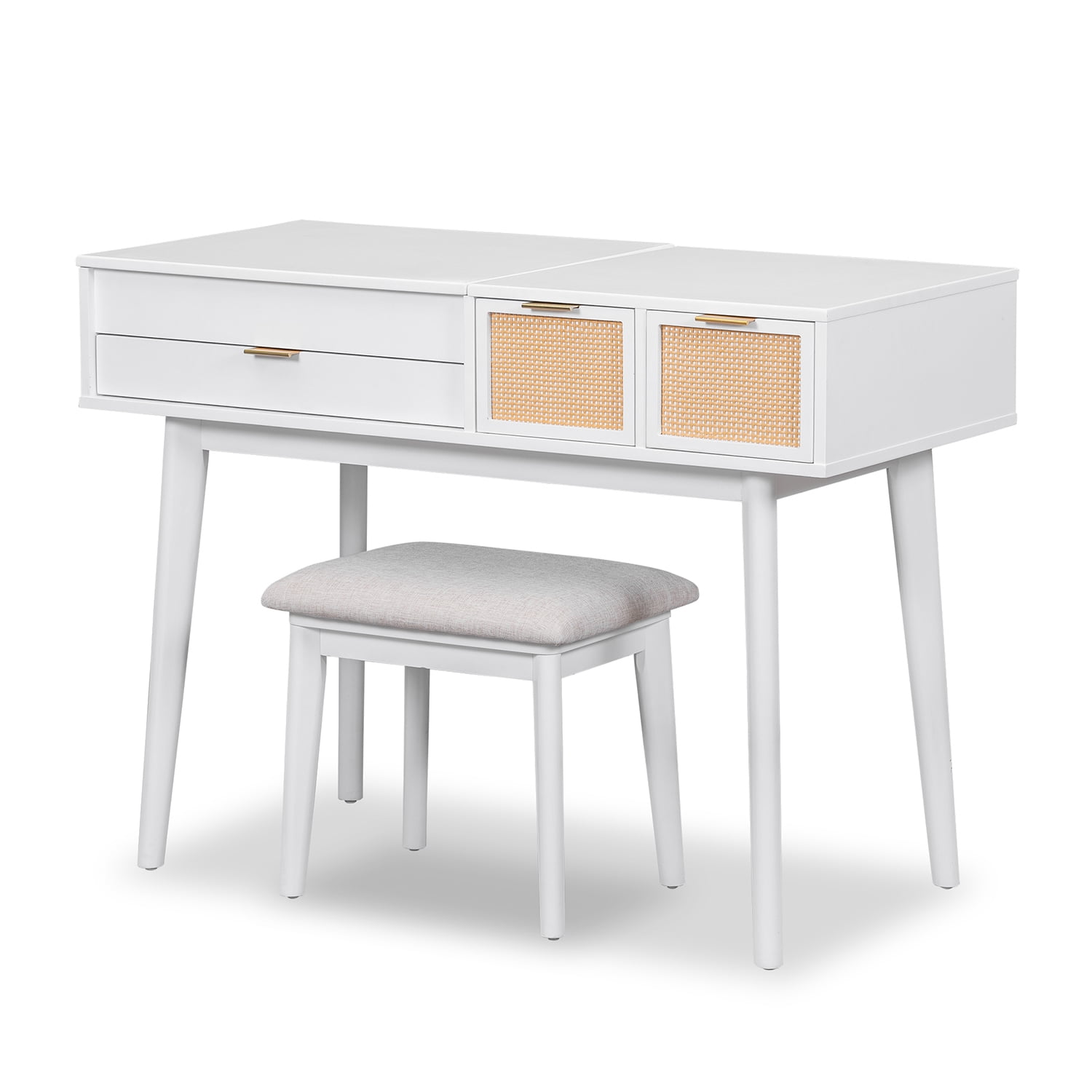 Kadyn 43.3" Classic Wood Makeup Vanity Set with Flip-top Mirror and Stool, Dressing Table with 3 Drawers, White