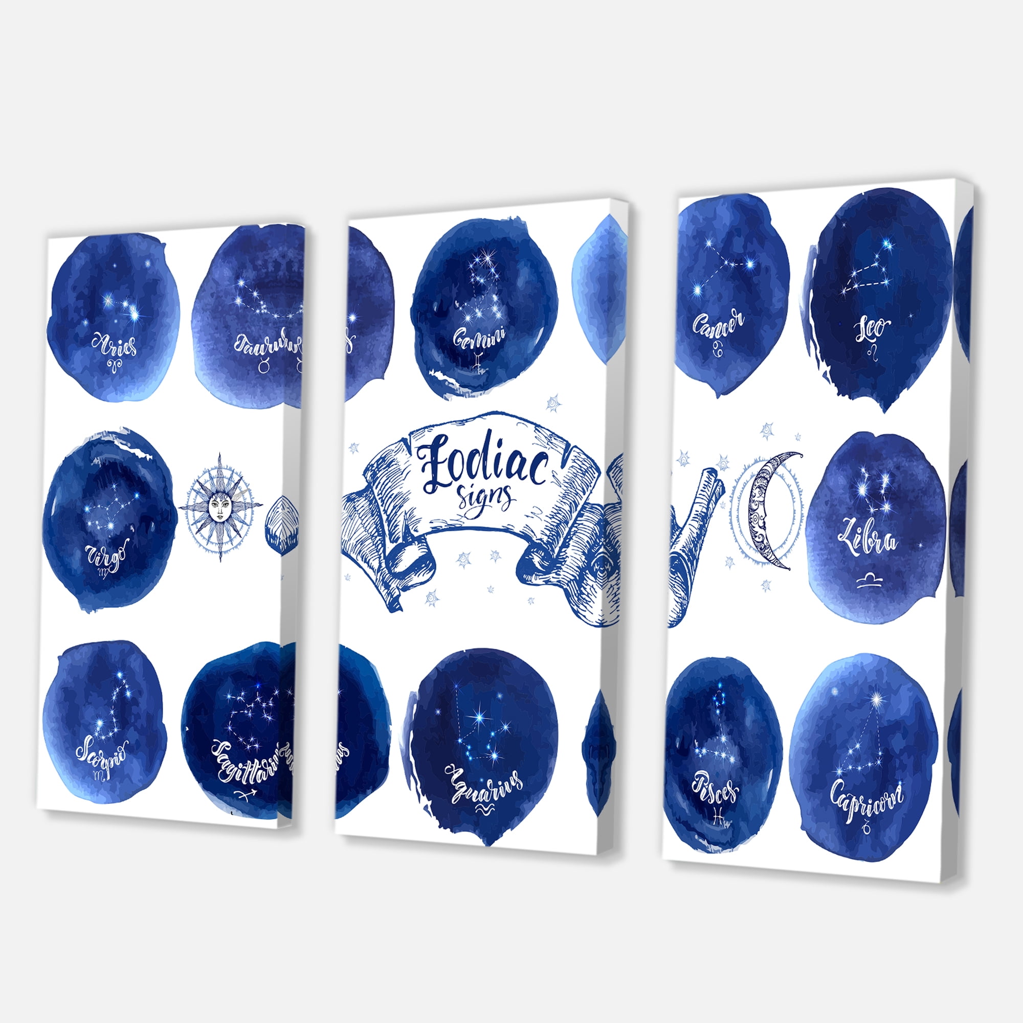 Designart ' Collection of Astrology Signs On Blue Circles ' Modern Canvas Wall Art Print