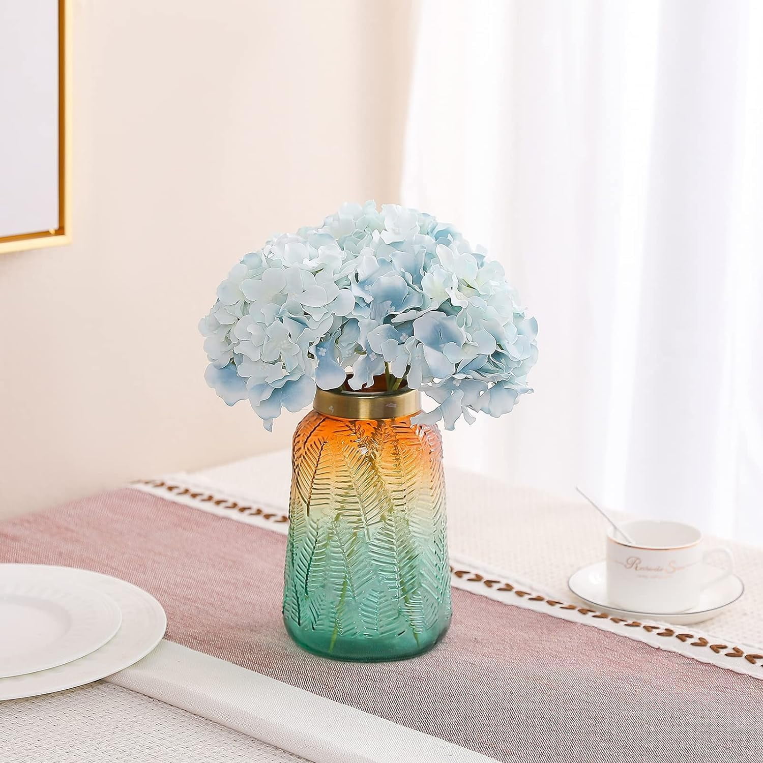 Fake Blue Hydrangea Artificial Flowers - Faux Silk Hydrangeas Flowers Heads with Stems Real Touch for Home Wedding Party Table Decor(Light Blue,Pack of )