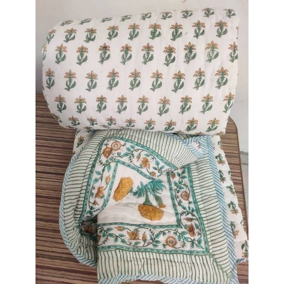 Shree24 Art Deco Floral Quilted Cotton King Quilt, Reversible