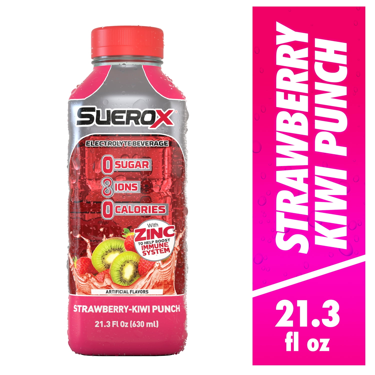 SueroX Zero Sugar Electrolyte Drink, Strawberry-Kiwi Punch, 21 oz