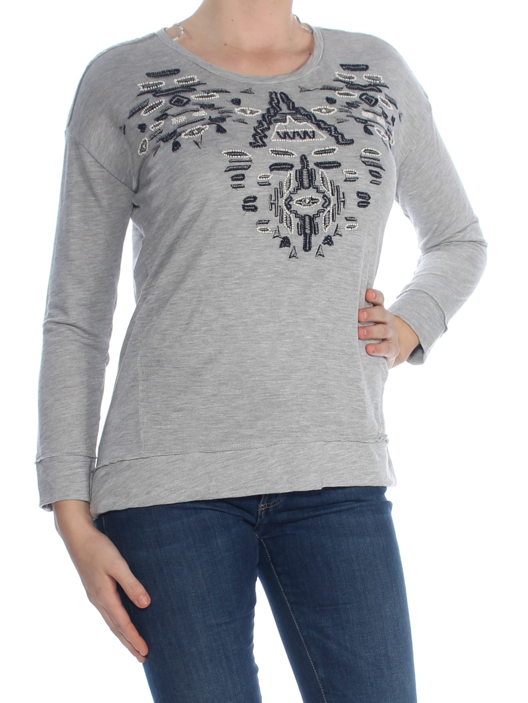 STYLE & CO - STYLE & CO Womens Gray Embroidered Printed Long Sleeve Jewel Neck Top Petites Size 