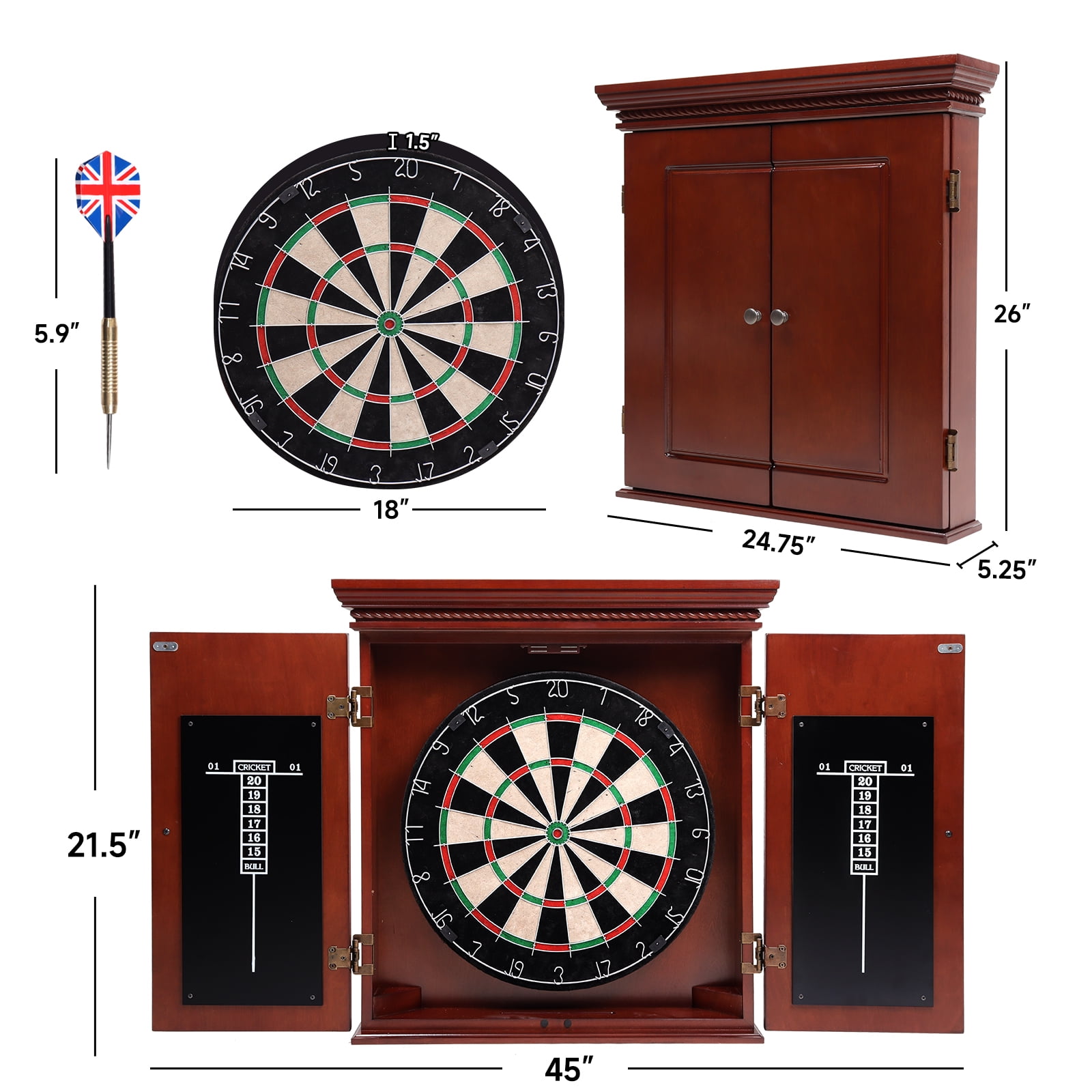 GSE Games & Sports Expert Premium Solid Wood Dartboard Cabinet Set with Bristle Dartboard, Dart Scoreboard and 6 Steel Tip Darts for Target Game Indoor Game (Brown)