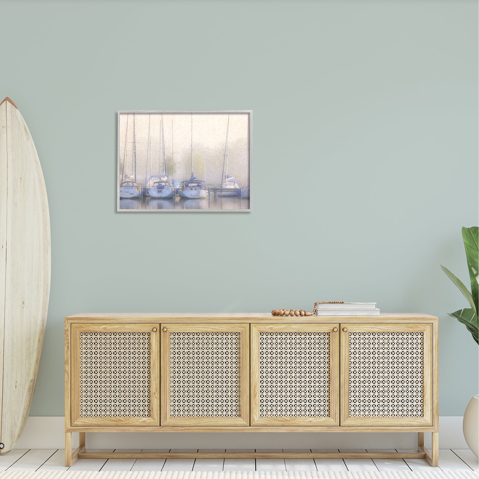 Stupell Docked Sailboats Harbor Reflection Landscape Painting Gray Framed Art Print Wall Art