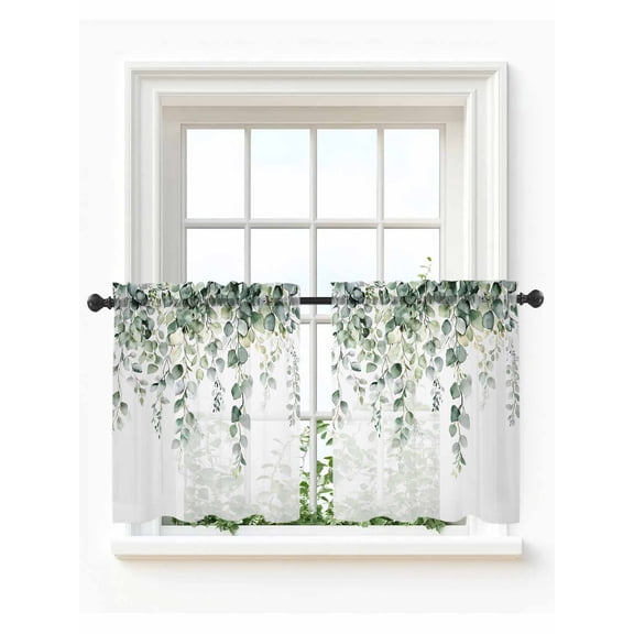 Retro Eucalyptus Leaves Tier Curtains 24 Inch Length,Sheer Curtains for Bedroom Living Room,Rustic Pastoral Botanical Rod Pocket Voile Drapes Kitchen Curtains Small Half Window 27.5"x24" 2 Panels