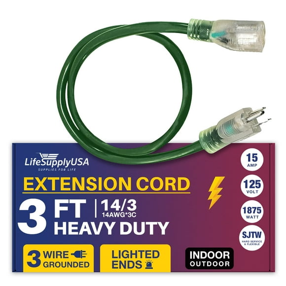3ft Power Outdoor Extension Cord & Indoor - Waterproof Electric Drop Cord Cable - 3 Prong SJTW, 14 Gauge, 15 AMP, 125 Volts, 1875 Watts, 14/3 by LifeSupplyUSA - Green (1 Pack)