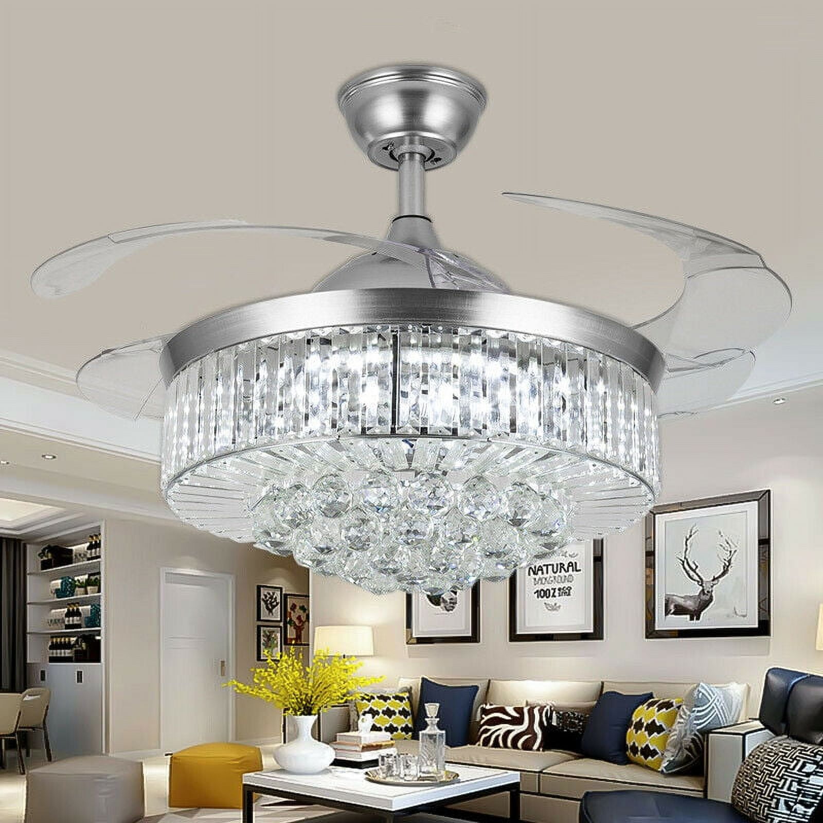 EASYG 42" Silver LED Invisable Ceiling Fan Lamp Crystal Lighting Remote Chandeliers