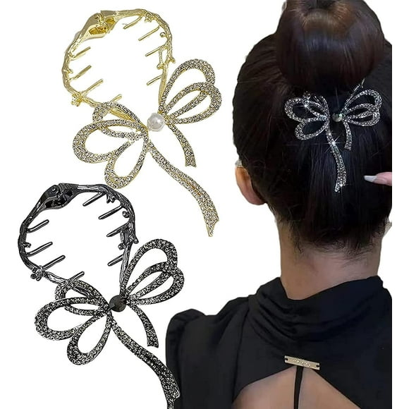 Jinsinto 2 PCS Bow Light Luxury Premium Feeling Hairpin, Gold Hair Bow Clip, Bow Claw Clip, Ponytail Hair Clip Bow Hairpin, Gold Black Bow Hair Clip