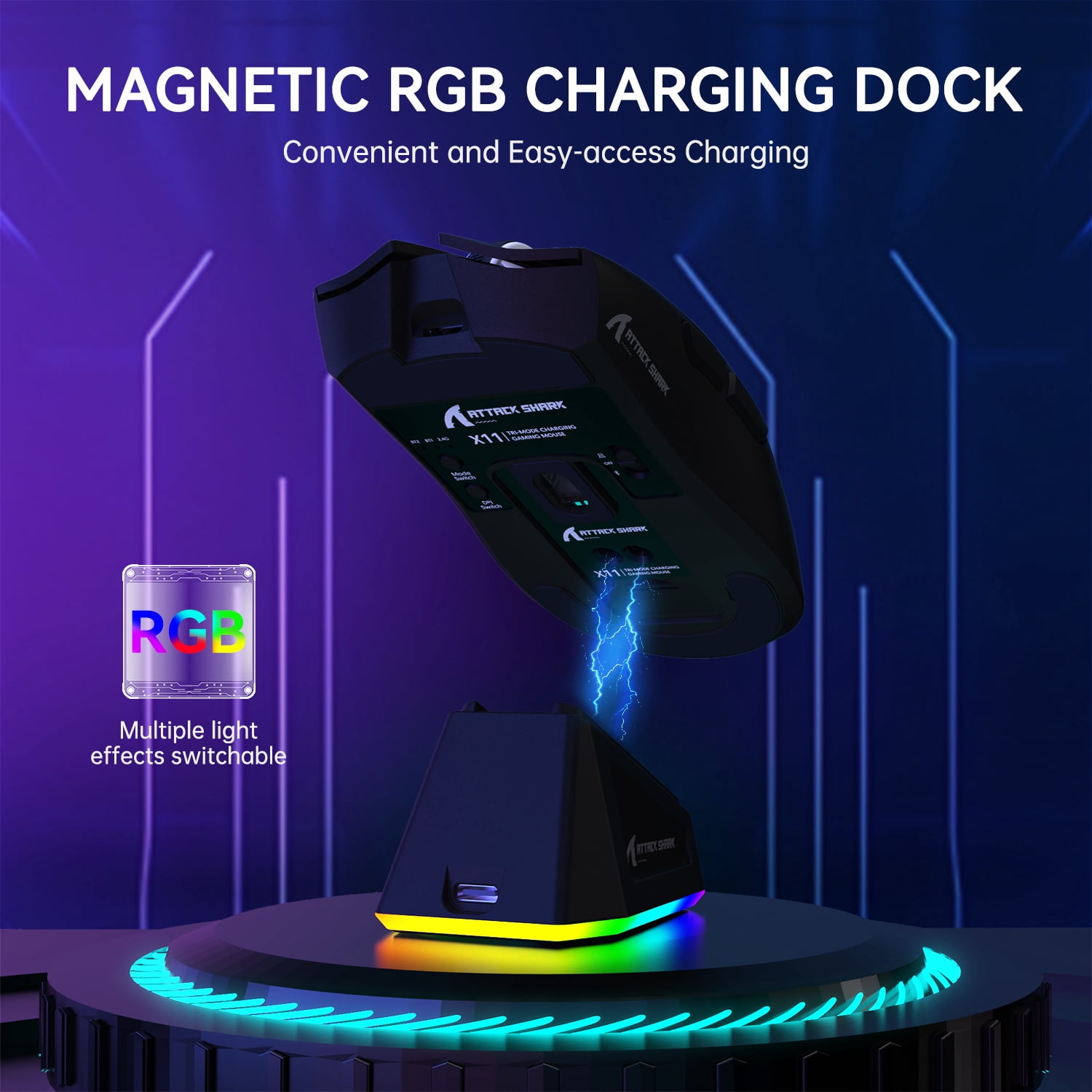 ATTACK SHARK X11 Wireless Gaming Mouse with RGB Charging Dock, Tri-Mode 2.4G/USB-C Wired/Bluetooth, 22000 DPI, PAW3311 Sensor, 5 Programmable Buttons, PC/Mac Compatible, Black