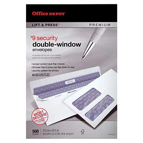 Office Depot 100% Recycled Lift  Press(TM) Double-Window Envelopes, #9 (3 7/8in. x 8 7/8in.), White, Pack Of 500, 76169