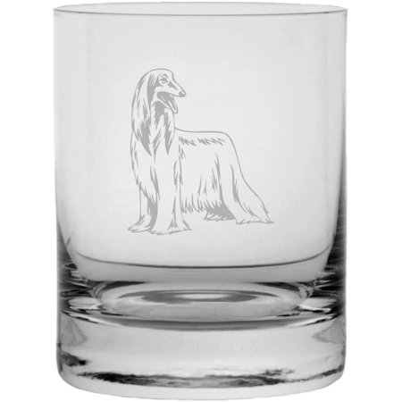 

AFGHAN HOUND Dog Themed Etched 10.25oz Crystal Rocks Whisky Glass