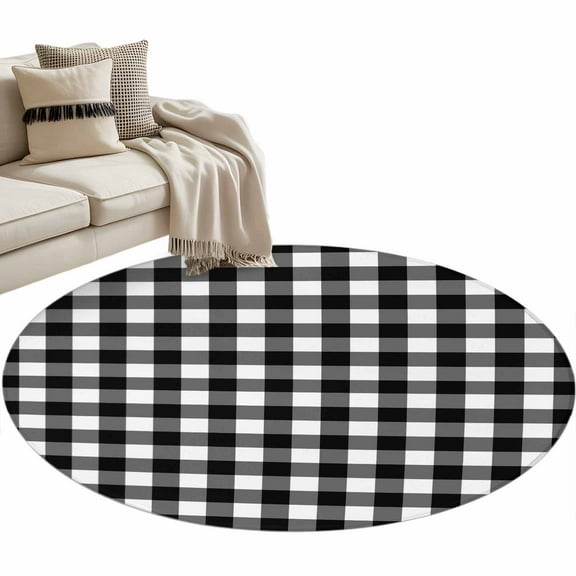 Black White Plaid Round Area Rug 4 FT, Non Slip Indoor Outdoor Rug, Modern Simple Buffalo Check Gingham Washable Soft Circular Carpet Non-Shedding Floor Mat for Coffee Table Nursery Foyer Balcony