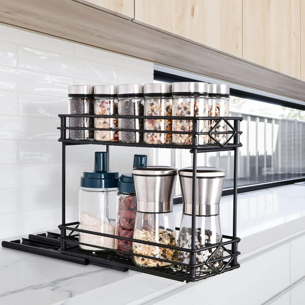 Organizador de especias deslizante, cocina de 2 niveles, estante de especias para armario, almacenamiento y organización de la cocina, soporte para especias deslizante debajo del fregadero con 3