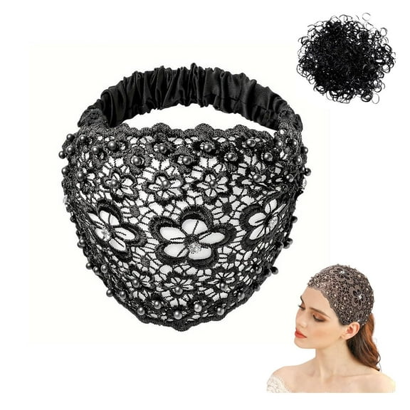 Detchome Plum Blossom Hollow Beaded Wide Headband, Elegant Floral Beaded Wide Headbands for Women, Wide Floral Pearl Lace Elastic Headbands, Flora Lace Headband with Beaded Detail (black, M)