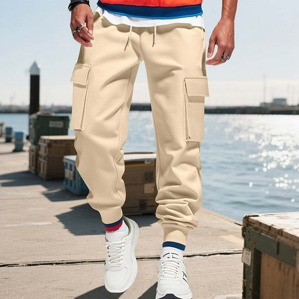 Pantalones largos para hombre, informales, a la moda, transpirables, con cintura elástica y múltiples bolsillos, pantalones cargo con cierre de velcro, pantalones de rayón para hombre.