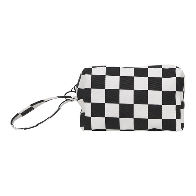 Bolsa de lona para artículos de tocador, bolsa de maquillaje de mano, organizador de almacenamiento versátil Tela escocesa blanca negra