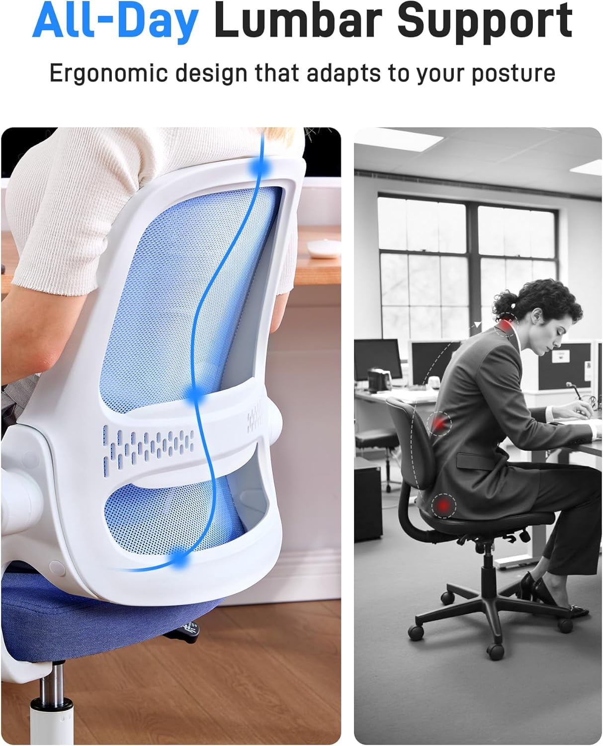 Ergonomic Mesh Office Chair for Home Office, Flip-Up Arms, Breathable Mesh Back & Thick Seat Cushion, Swivel Rolling Computer Desk Chair，Supports 300 lbs