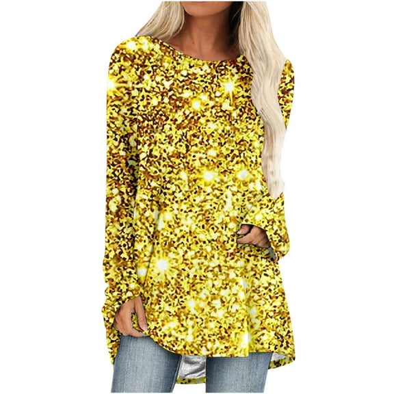 Ruimatai Women's Casual Long Sleeve Round Neck Loose Blouse with Sparkle Print, Comfortable Fashion Graphic Shirt for Home & Daily Wear