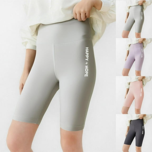 HAOTAGS Teen Girls Biker Shorts Sport Yoga Shorts, Casual Letter Print Cropped Leggings Gray 7 Years