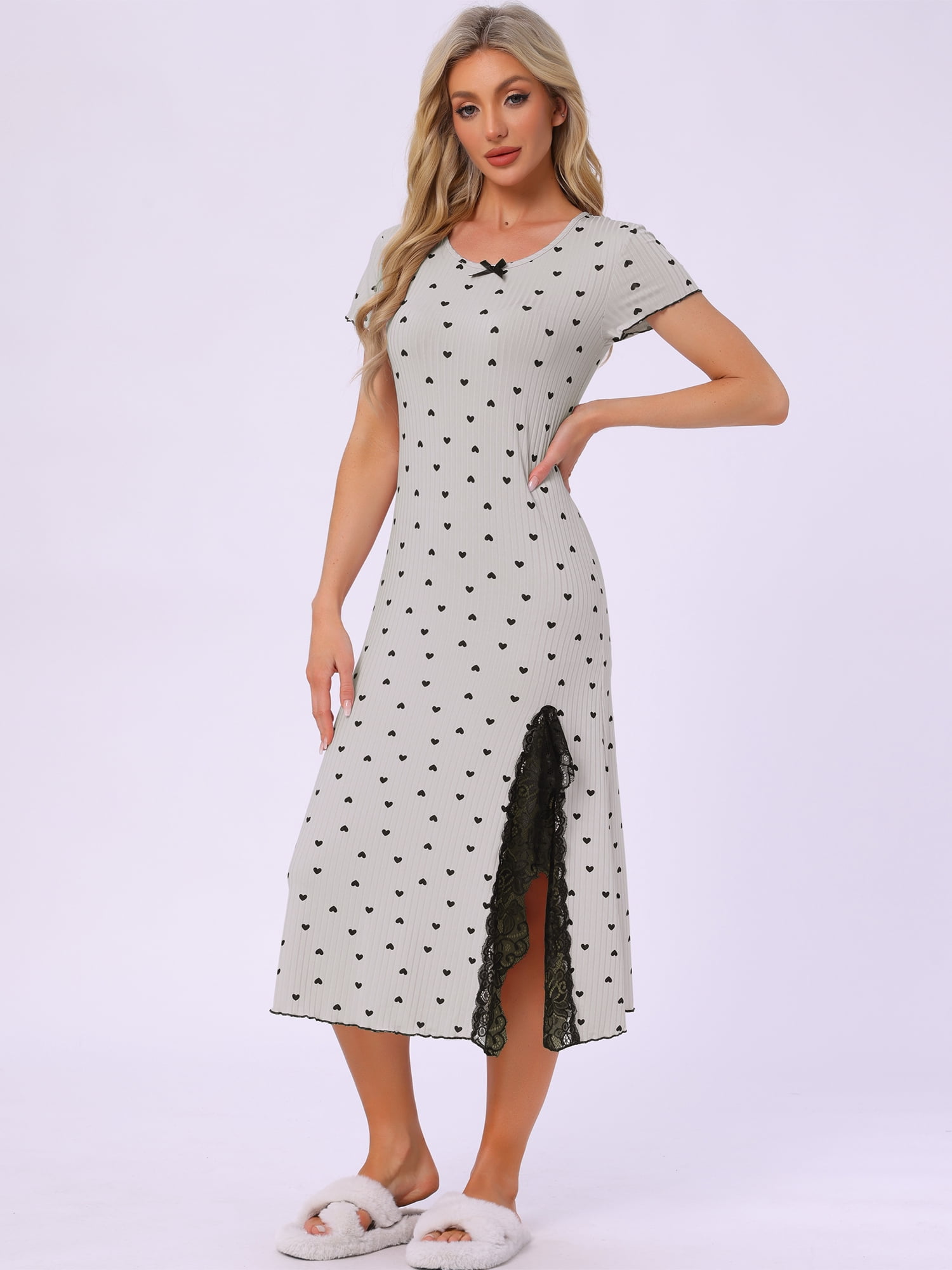 DARING DIVA Women's Short Sleeve Heart Print Lace Trim Ribbed Nightgown S Gray