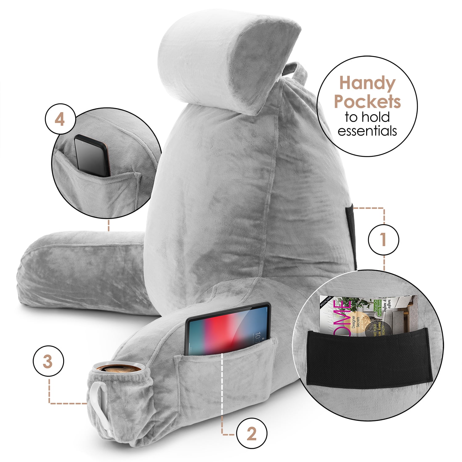 LAMMALOE Reading Pillow , Backrest Pillows with Arms, Plush Back Pillow Detachable Neck Roll, Shredded Memory Foam Bed Rest Pillow, Large, Silver
