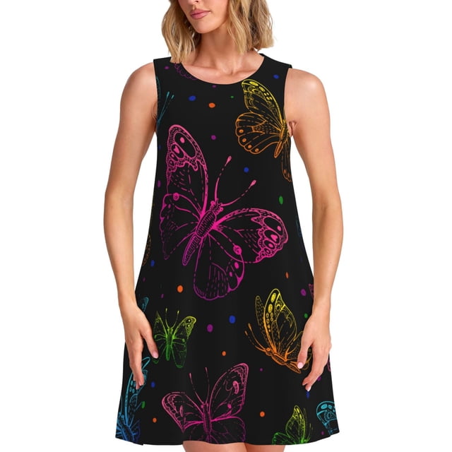Balery Butterfly Vestidos de verano para mujer con estampado: vestido holgado sin mangas, vestido playero informal y cómodo para días calurosos.