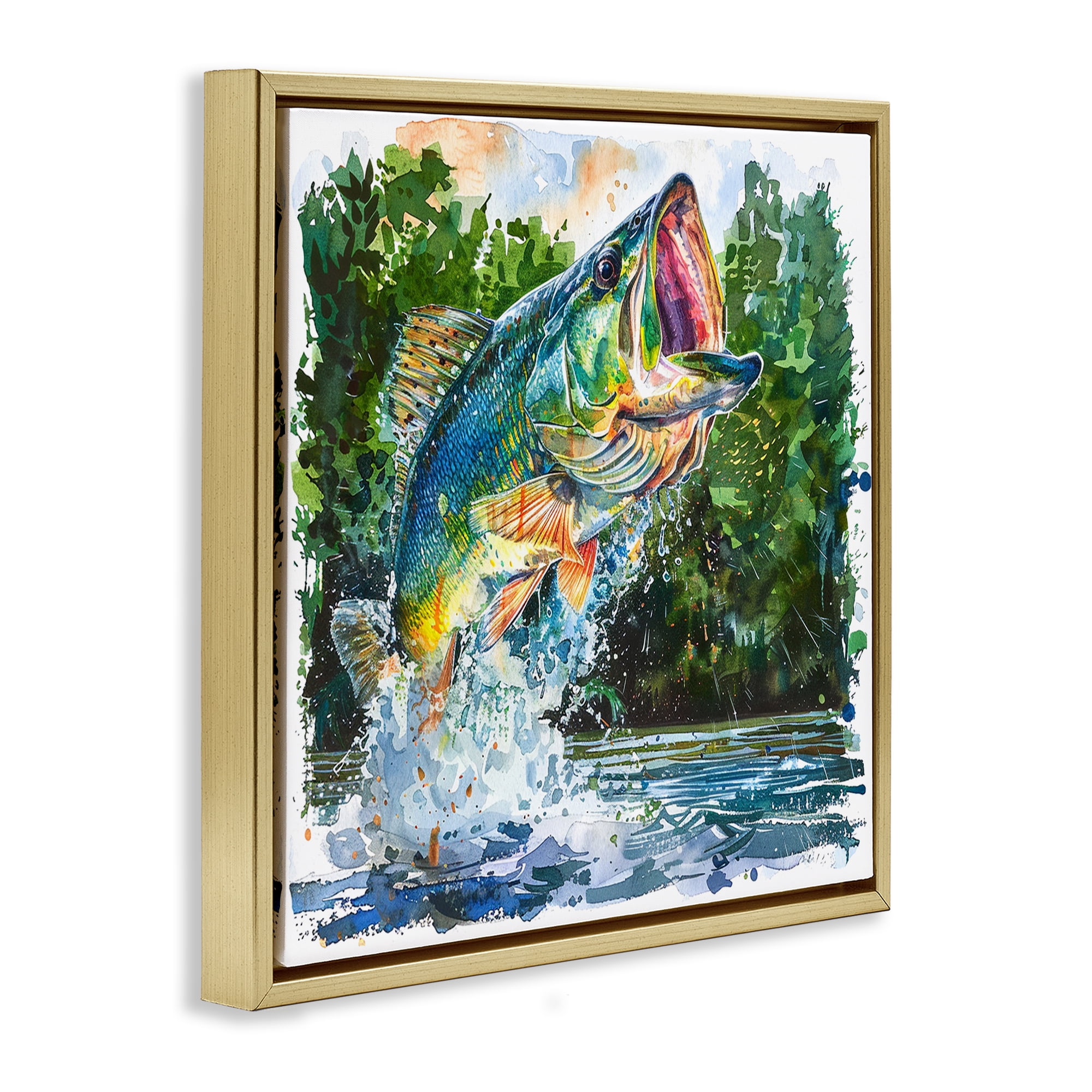 Stupell Industries Splashing Bass Fish Animals Painting Gold Floater Framed Canvas Art Print Wall Art, 18 x 18