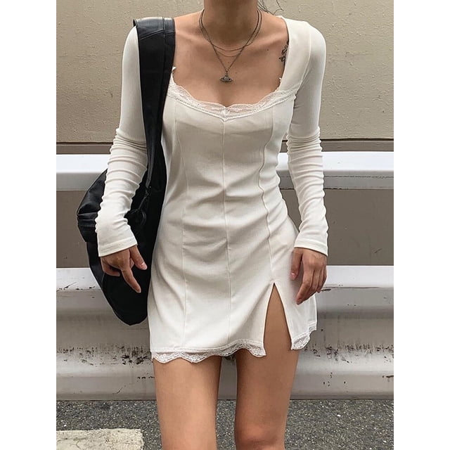 Darlingaga cuello cuadrado encaje Patchwork Bodycon vestido negro mujeres elegante algodón moda lado Split otoño vestido Mini damas básico Tan Jianjun unisex