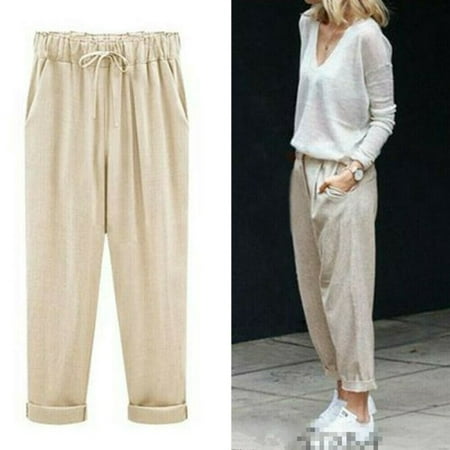 Women Cotton Linen Casual Harem Pants Elastic Waist Pockets Loose ...