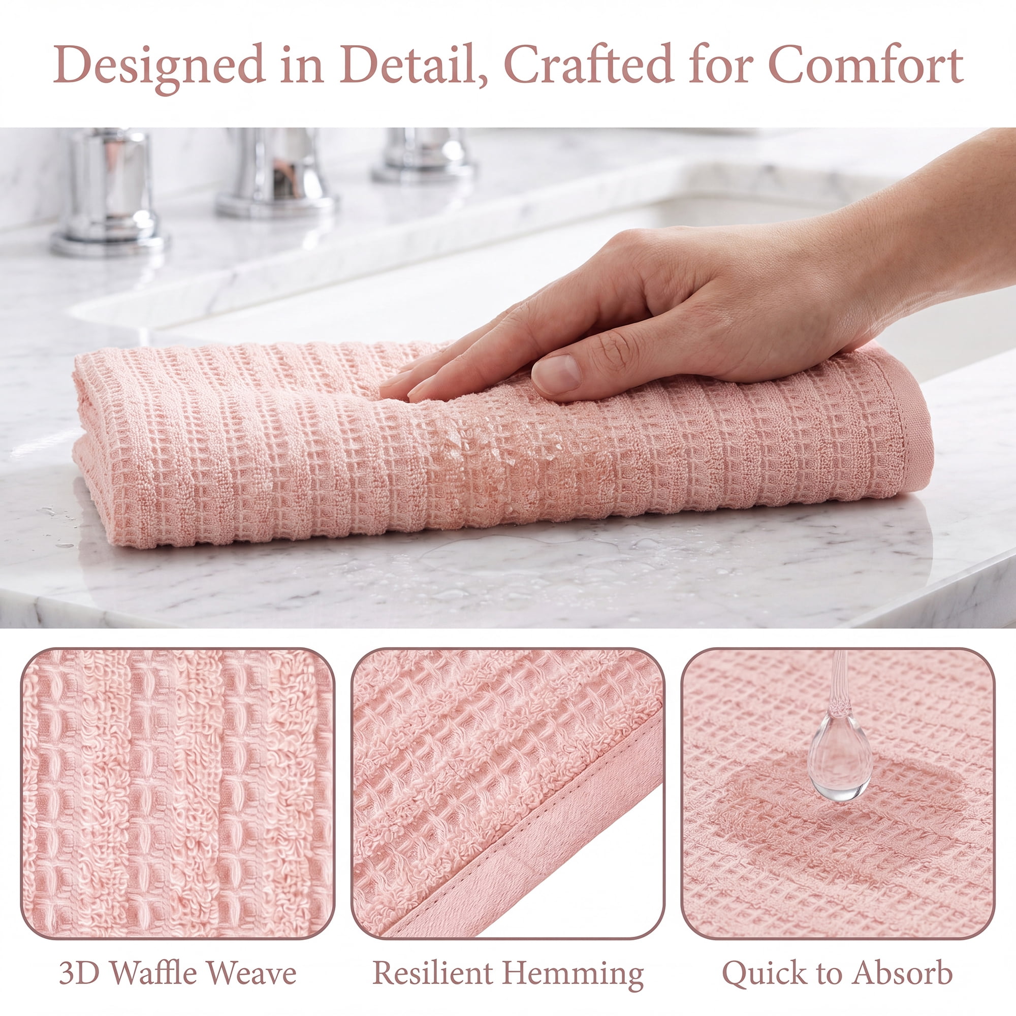 Unique Bargains Waffle Durable Bath Towel 2 Pack Pink/Milky White 55" x 28"